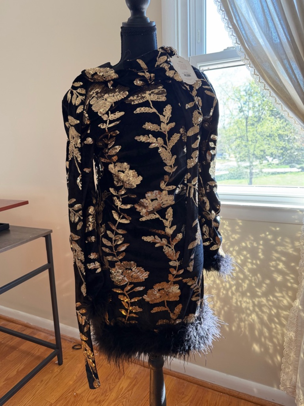 Ivy city co zarah black Mini Dress with Gold Floral Embroidery and Feather Trim